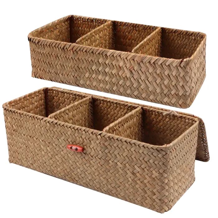 Paniers de rangement tissés à la main avec couvercle, boîte de rangement pour vêtements anti-poussière, conteneur de garde-robe rectangulaire, organisateur d'articles divers, 3 grilles