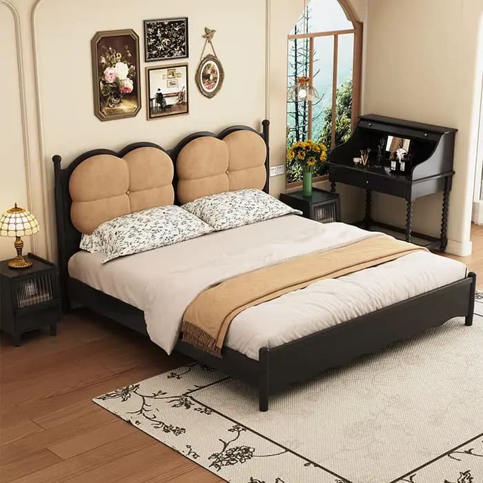 Lit en bois massif 150x200cm pour 2 personnes, avec tête de lit design, style nordique, avec rangement, lit double Queen Size, mobilier de chambre à coucher pour mariage