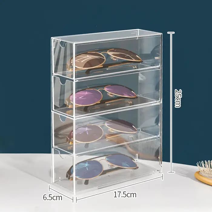 Boîte de rangement pour lunettes en acrylique - Design transparent à quatre niveaux - pour bureau, chambre à coucher, salle de bain - Support organisateur pour lunettes de soleil