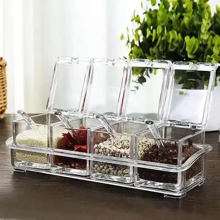 Boîte d'assaisonnement transparente à quatre compartiments avec couvercle de cuillère et Base de ran