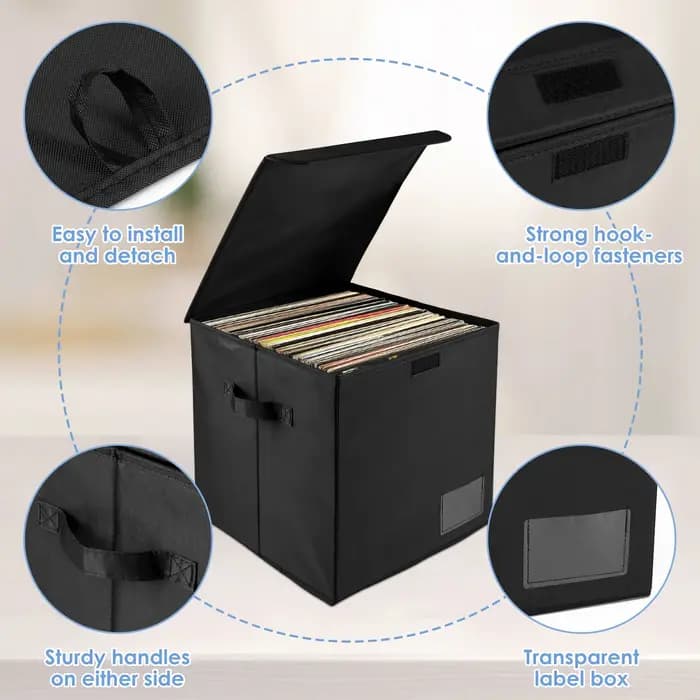 Boîte de rangement pour disques vinyles avec poignée et emplacement pour étiquette