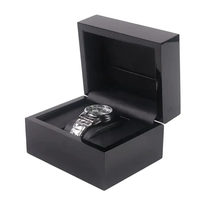 Boîte à montre de luxe en bois noir laqué avec coussin en cuir PU et étui cadeau pour le voyage