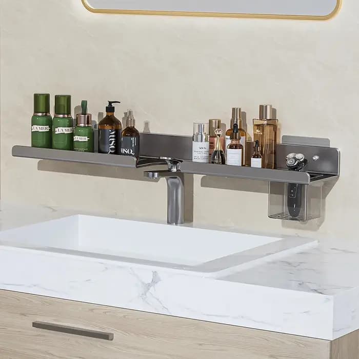 Étagère murale avec miroir et porte-gobelets