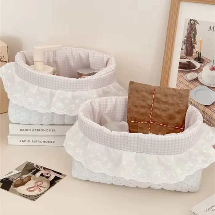 Nouveau panier de rangement à pois et volants rose bonbon