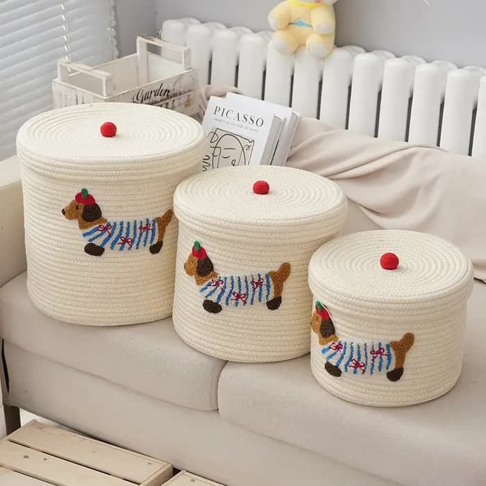 Nouveau panier de rangement en corde de coton tressée, grande capacité, anti-poussière, avec couvercle, pour bureau et tri de vêtements