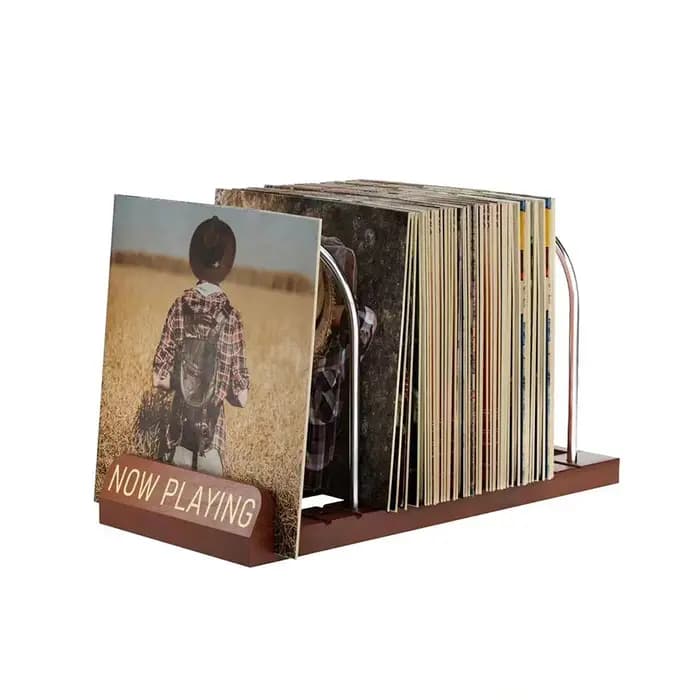Support de rangement minimaliste en bois et métal pour disques vinyles
