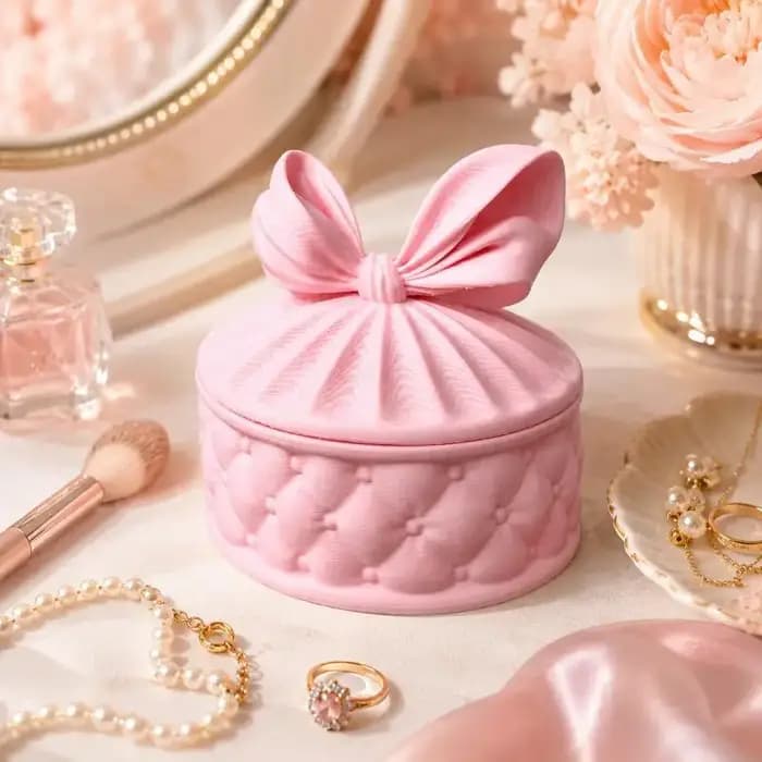 Boîte de rangement pour bijoux de style girly avec nœud, boîte à bijoux ronde anti-poussière, excellent cadeau de décoration de bureau, convient aux filles.