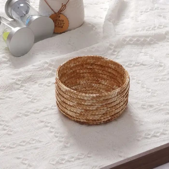Panier de rangement tissé à la main, forme ronde avec couvercle, boîte de rangement en paille, paill