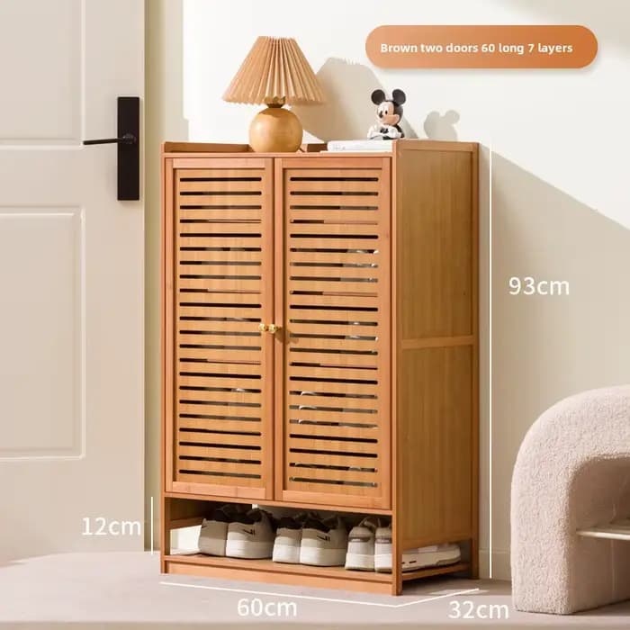 Armoire à chaussures légère et luxueuse en bambou à portes à persiennes, armoire de rangement multi-