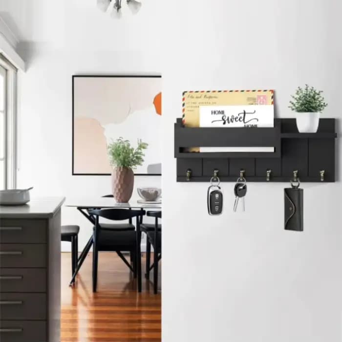 Décor d'entrée à la maison : étagère murale rustique en bois avec 6 crochets pour courrier et clés