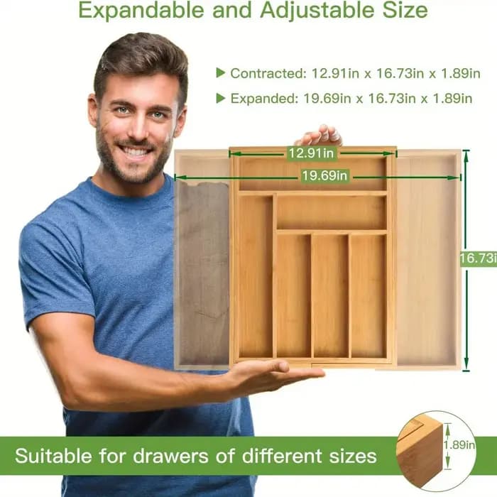 Organisateur de tiroir en bambou extensible réglable pour cuisine