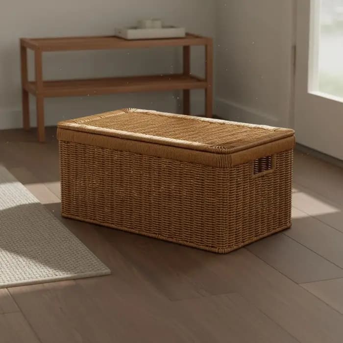 Boîte de rangement en rotin à parois rigides avec couvercle