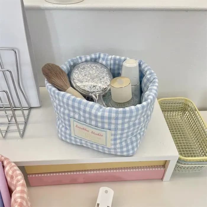 Panier de rangement en tissu à carreaux et rayures