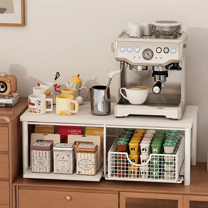 Étagère de rangement à double niveau pour plan de travail de cuisine ; Support en bois pour micro-ondes et machine à