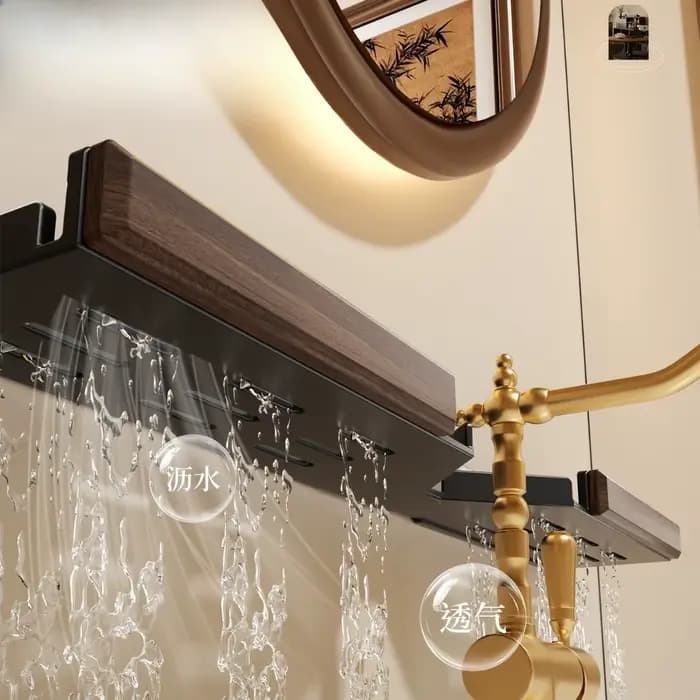 Étagère de salle de bain pliable en noyer – Sans perçage – Support mural de rangement pour meuble-lavabo