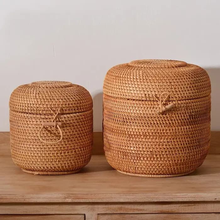 Boîte de rangement de thé en rotin tissé à la main avec couvercle