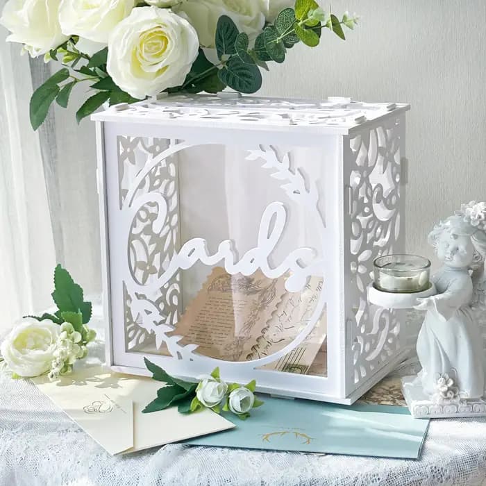 Boîte à cartes de mariage blanche pour réceptions, boîte à cartes cadeaux en PVC pour mariage avec fenêtres en acrylique, boîte à enveloppes rustique pour cadeaux en argent