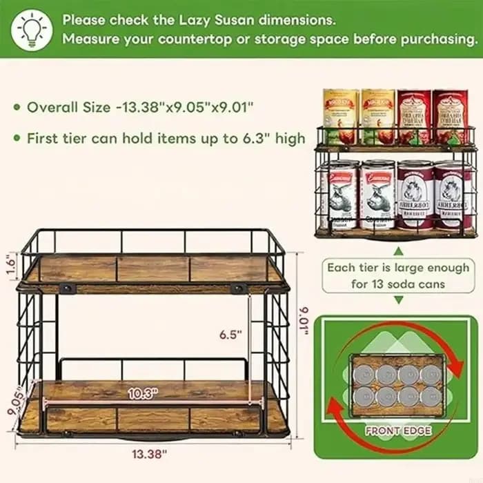 Étagère tournante à 2 niveaux peu encombrante pour le rangement en cuisine des canettes soupe des boissons B03E