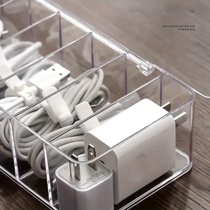 Boîte de rangement pour câbles de données, câbles de charge, chargeurs de téléphone portable, organisateur de bureau, outil de gestion des câbles avec couvercle anti-poussière