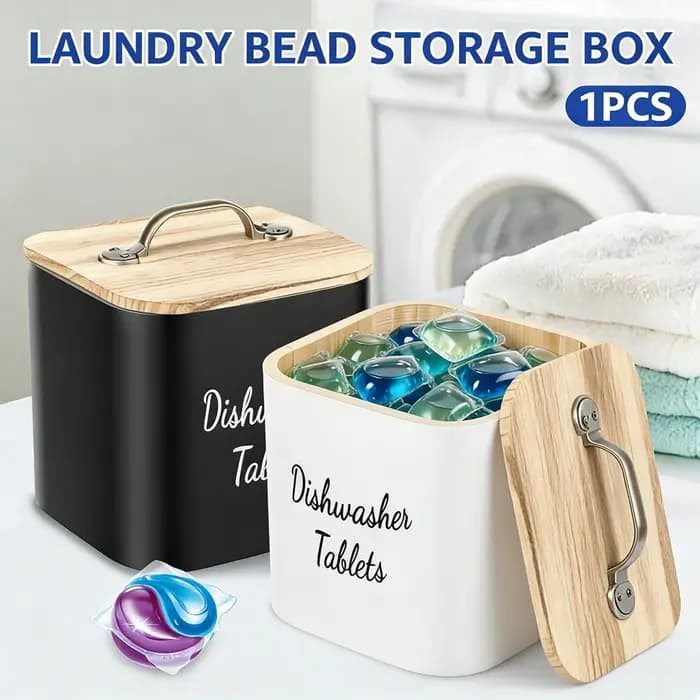Boîte de rangement en bois pour capsules de lessive avec couvercle
