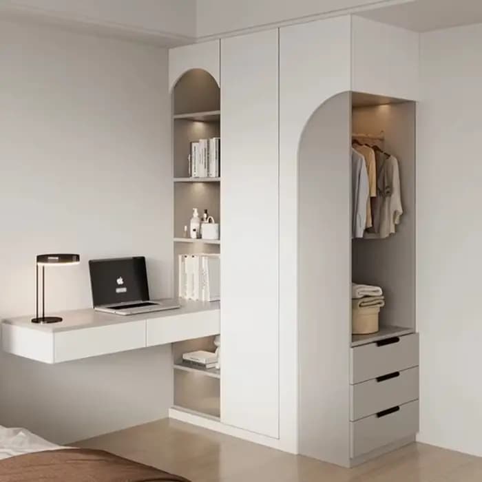 Armoire îlot gain de place avec bibliothèque et bureau intégré pour chambre à coucher