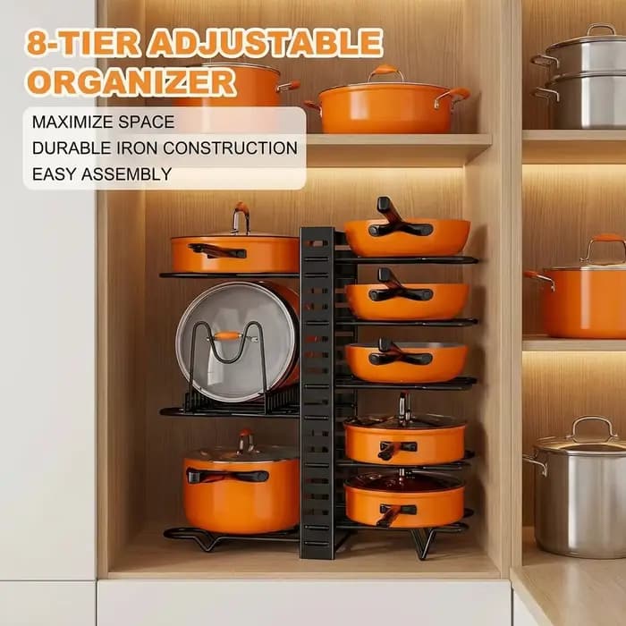 Organisateur de support de casseroles à 8 niveaux peu encombrant