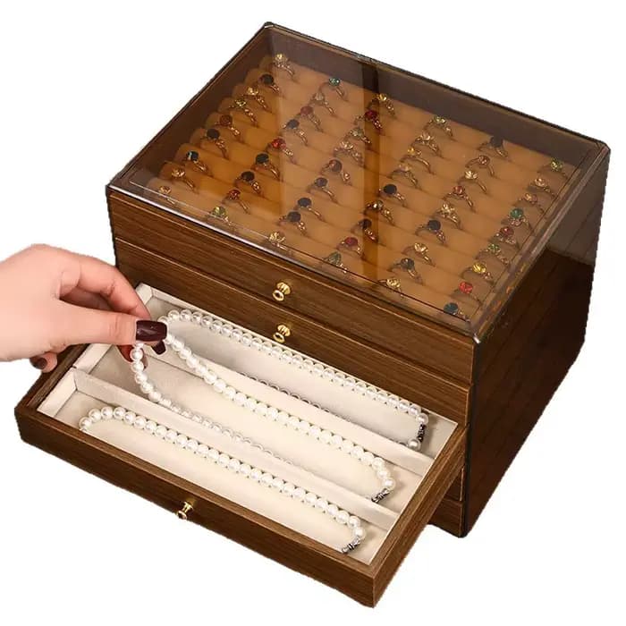 Boîte de rangement de bijoux en grain de noyer avec cinq tiroirs pour collier