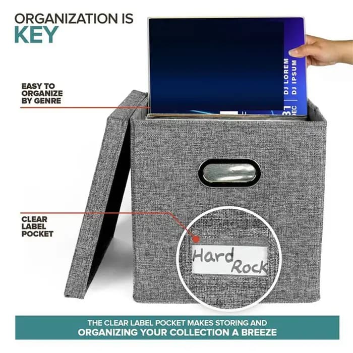 Boîte de rangement pour disques vinyles VELIF-2X, avec couvercle et poignées, organisateur de disque