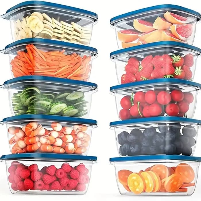 Un ensemble de 6 récipients de conservation des aliments en plastique transparent empilables avec couvercles bleus et