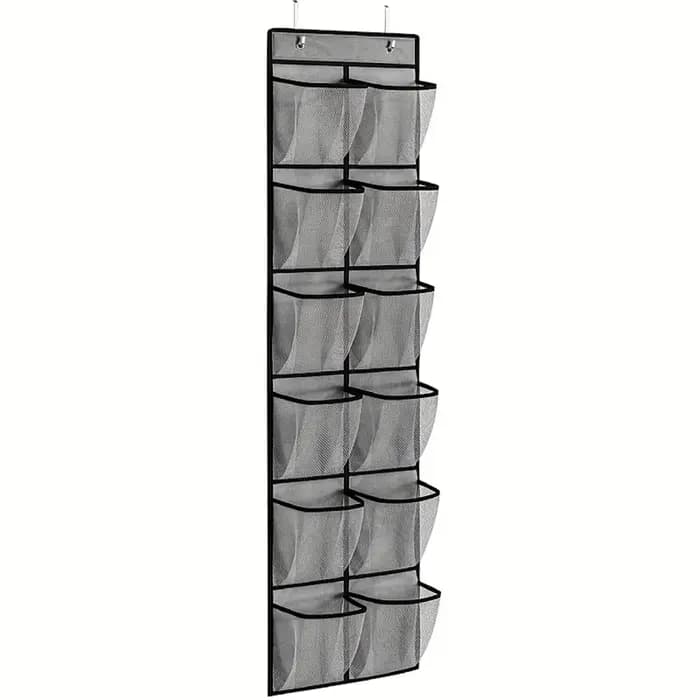 Organisateur de chaussures à 12 poches au-dessus de la porte, grandes poches en maille avec 2 croche