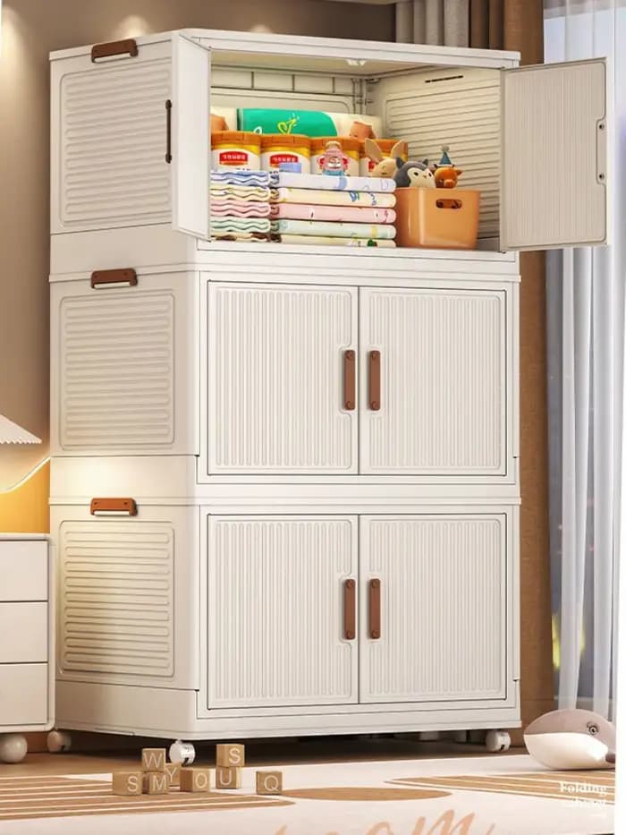 Armoire de rangement polyvalente, organisateur de maison, bac en plastique pliable avec roue, boîte de rangement empilable à Double porte pour chambre à coucher et bureau