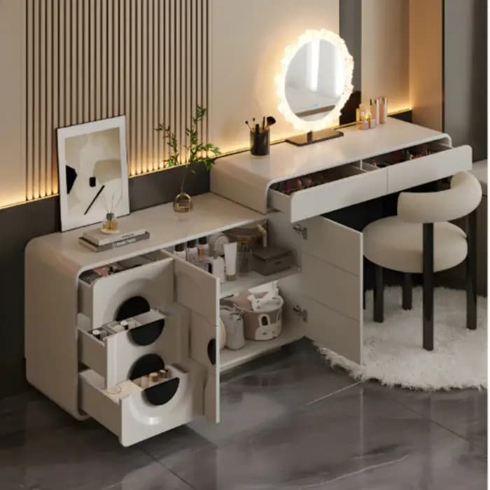 Coiffeuse moderne en bois pour chambre à coucher avec miroir et tabouret