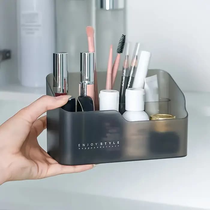 Boîte de rangement multifonctionnelle pour maquillage, en plastique gris, sert de présentoir pour le
