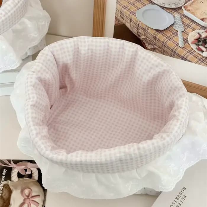 Nouveau panier de rangement à pois et volants rose bonbon, organiseur de bureau pour collations, pet