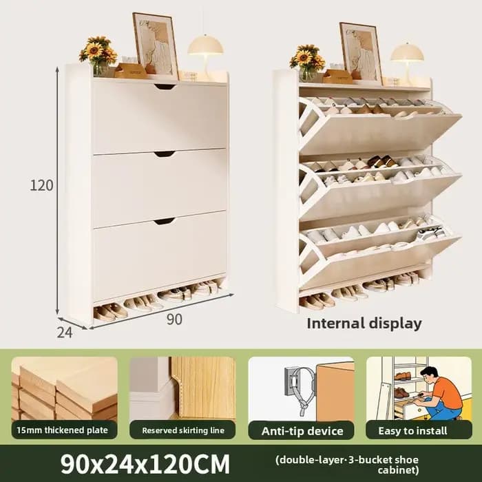 Meuble à chaussures stable en bois massif, grande capacité, rangement multi-niveaux intégré, pour la maison, petit et étroit, avec bac basculant.