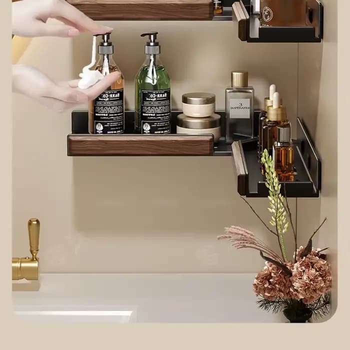 Étagère de salle de bain pliable en noyer – Sans perçage – Support mural de rangement pour meuble-lavabo