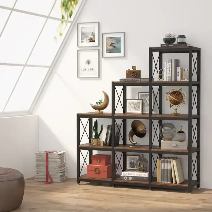 Tribesigns-Bibliothèque d'Angle à Échelle Industrielle, Bibliothèque Étagée, 12 Étagères, 9 Cubes