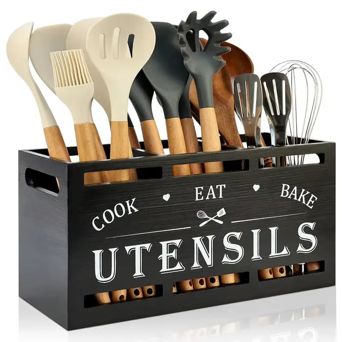 Support à ustensiles de cuisine en bois, organisateur d'ustensiles de comptoir avec 3 compartiments,
