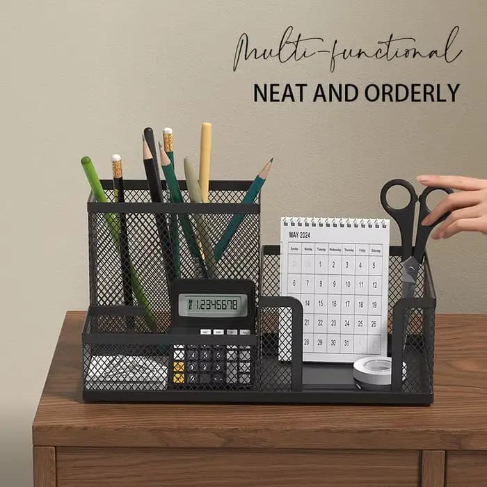 Organisateur de bureau en maille noire – Rangement à 3 niveaux avec porte-crayons et paniers