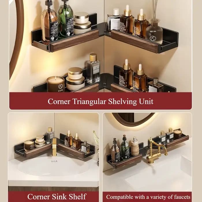 Étagère de salle de bain pliable en noyer – Sans perçage – Support mural de rangement pour meuble-lavabo