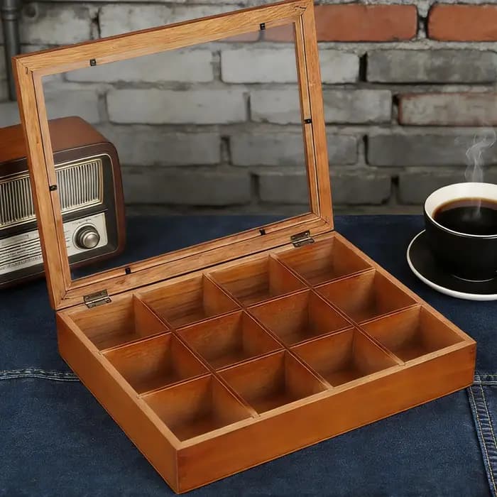 Organisateur de sachets de thé à 12 compartiments, boîte en bois avec couvercle transparent pour la
