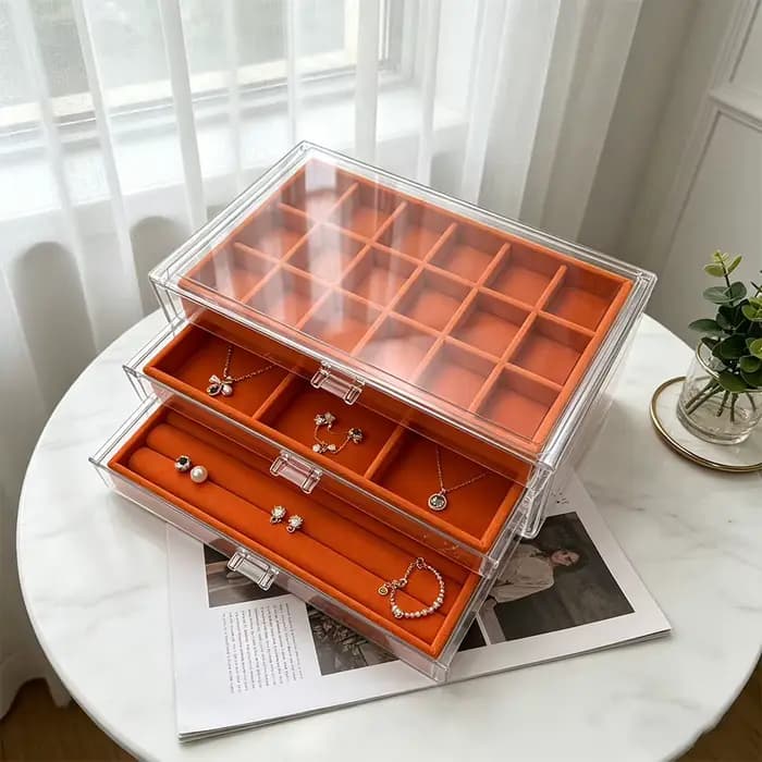 Boîte à bijoux orange à trois couches 18+6+ compartiments en éponge