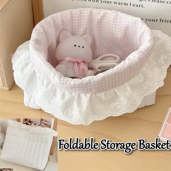Nouveau panier de rangement à pois et volants rose bonbon