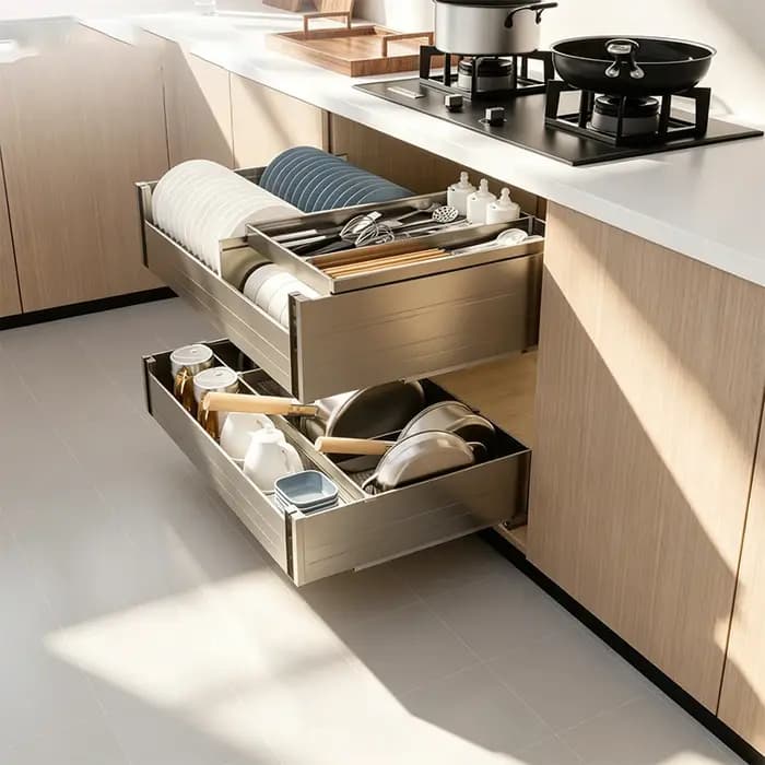 Étagère coulissante durable à 3 niveaux pour armoire de cuisine avec tiroir intégré pour casseroles