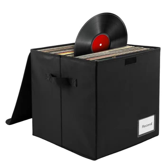Boîte de rangement pour disques vinyles avec poignée et emplacement pour étiquette
