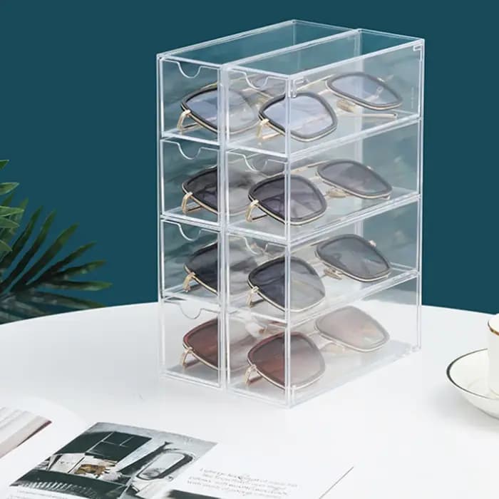 Étui à lunettes de soleil, boîte de rangement avec 4 tiroirs divisés transparents pour lunettes, pré