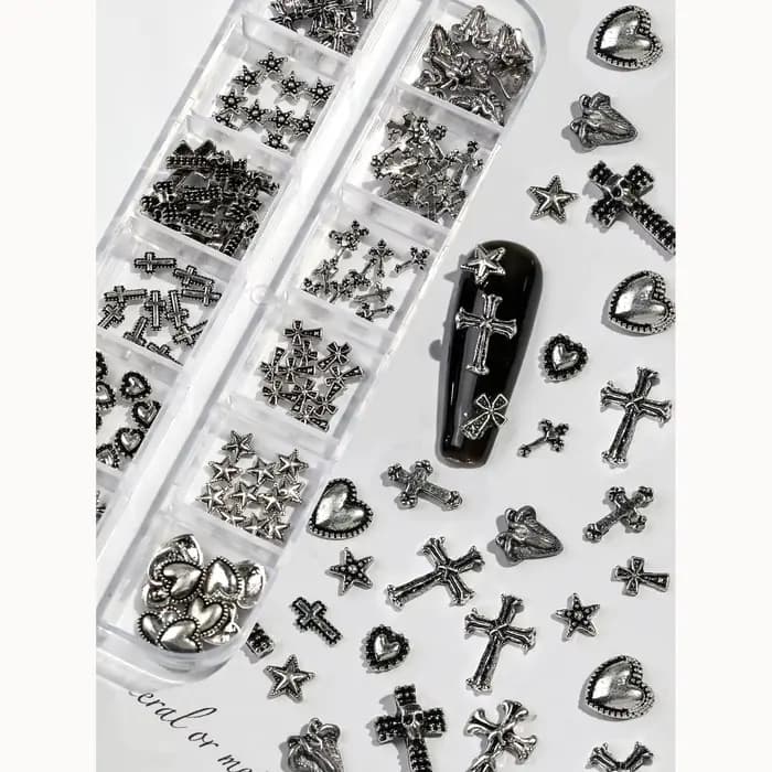 Boîte de 12 grilles Vintage en forme de croix en alliage de Zinc, bijoux pour ongles, fournitures en