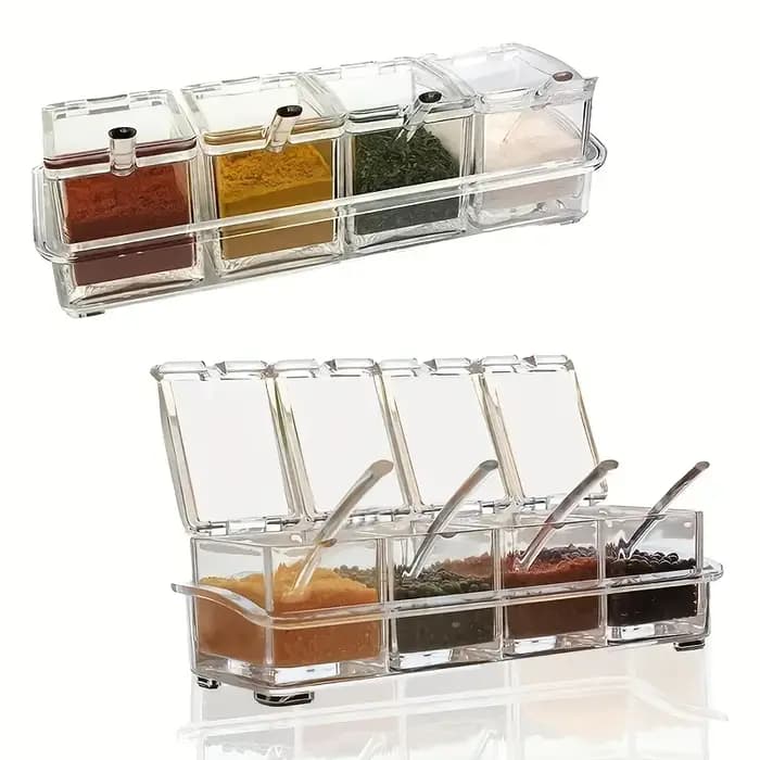 Boîte d'assaisonnement transparente à quatre compartiments avec couvercle de cuillère et Base de rangement
