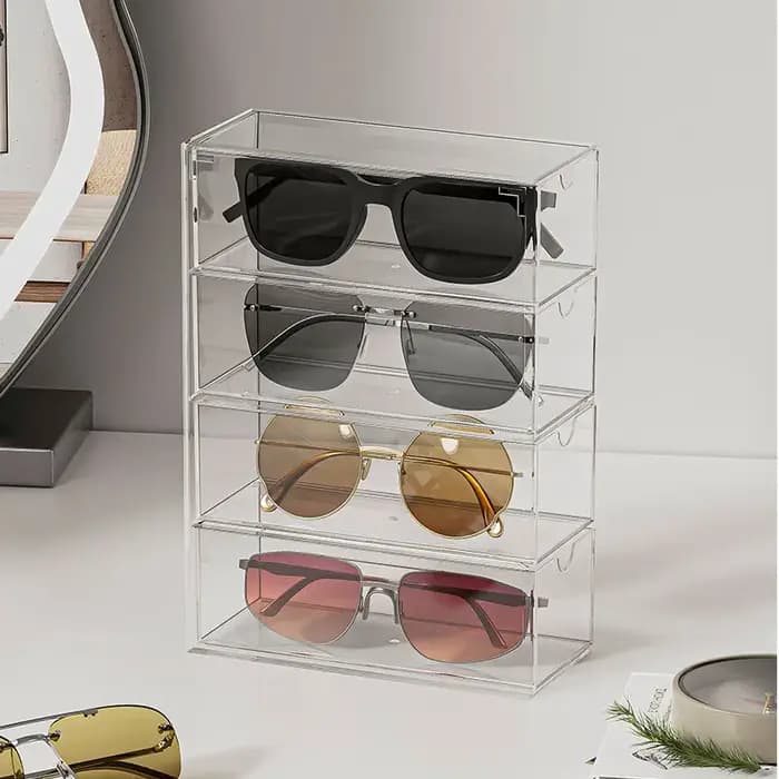 Boîte de rangement pour lunettes en acrylique - Design transparent à quatre niveaux - pour bureau, chambre à coucher, salle de bain - Support organisateur pour lunettes de soleil