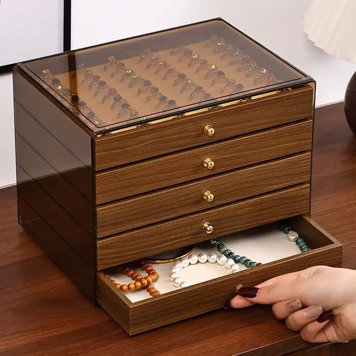 Boîte de rangement de bijoux en grain de noyer avec cinq tiroirs pour collier